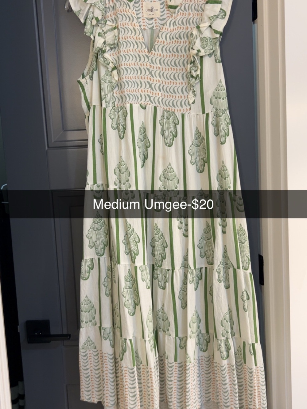 Umgee White and Green Maxi Dress with Ruffle Shoulders